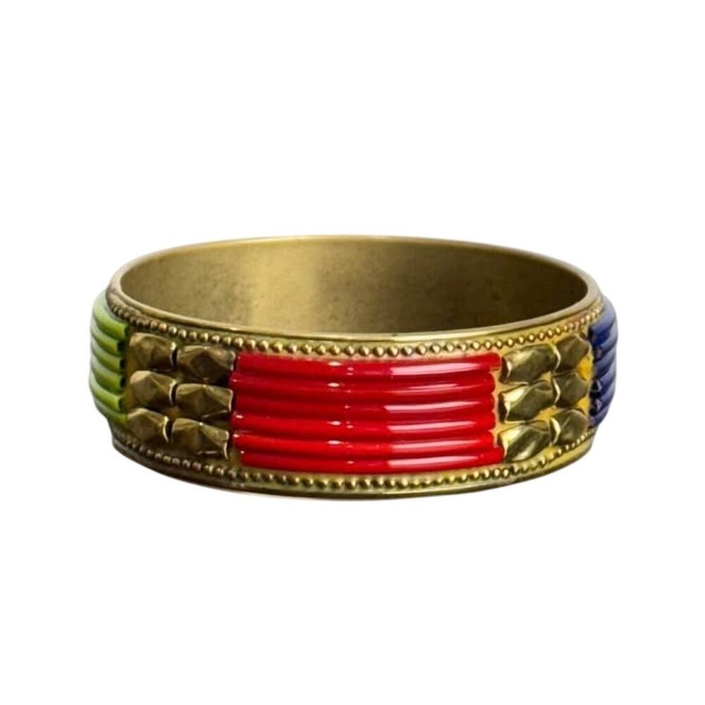 Vintage Brass Bracelet with Blue, Red, Green, and Orange - EUC